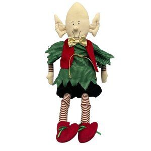 Vintage Handmade Elf Doll Red Vest Green Striped Shirt & Gold Bow Striped READ